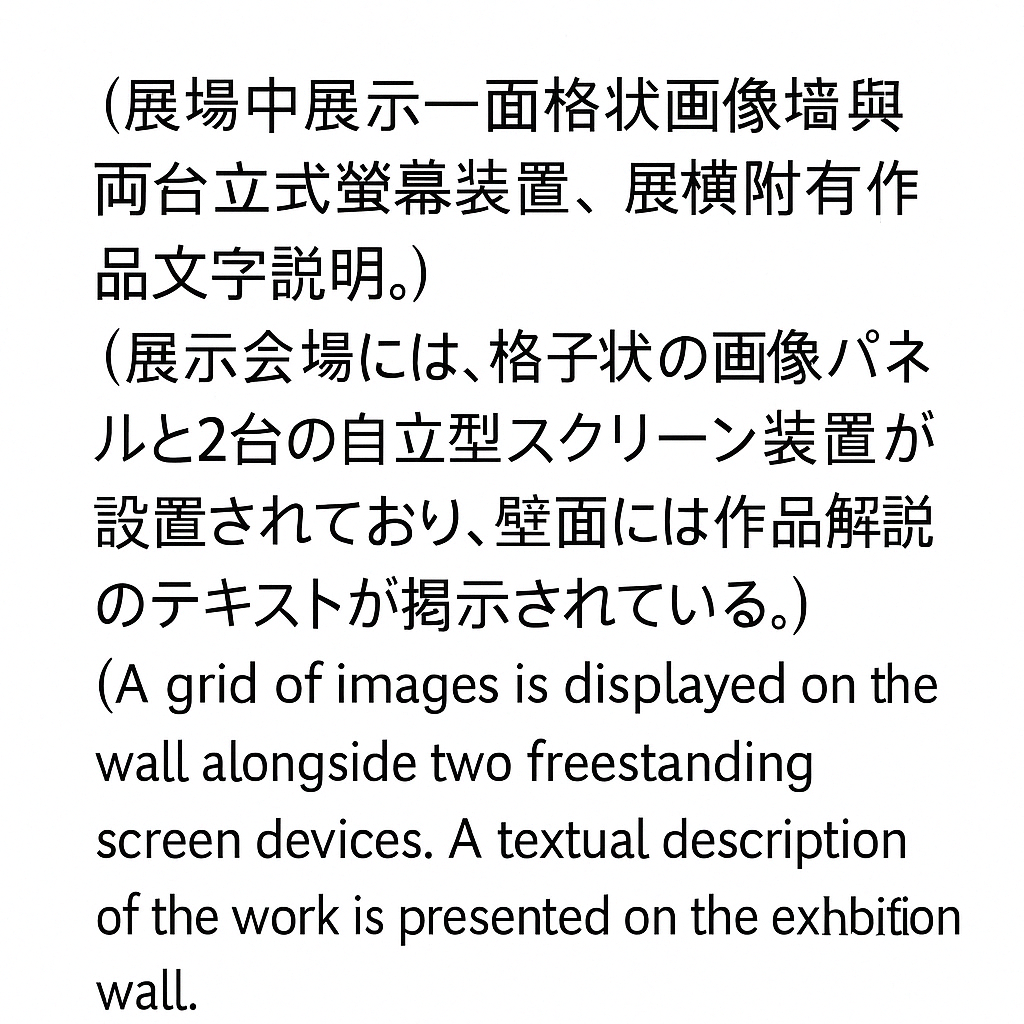 （展場中展示一面格狀圖像牆與兩台立式螢幕裝置，展牆附有作品文字說明。） / （展示会場には、格子状の画像パネルと2台の自立型スクリーン装置が設置されており、壁面には作品解説のテキストが掲示されている。） / (A grid of images is displayed on the wall alongside two freestanding screen devices. A textual description of the work is presented on the exhibition wall.)